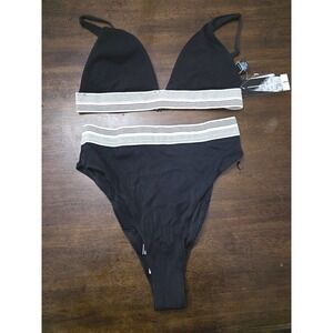 NWT Dolce Vita M Black Deep V Top High-Waist Bikini Swim Bottom 126908
